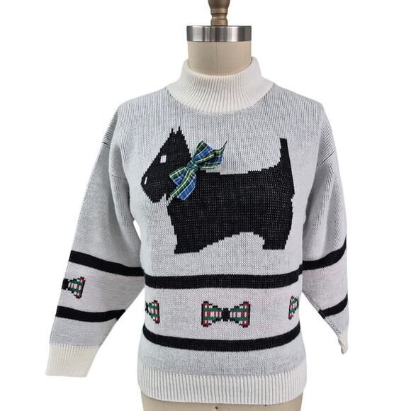 90s 3D Star Reflections Moments for Marjorie Scotty Dog Sweater Tartan Bow  M - Picture 1 of 4